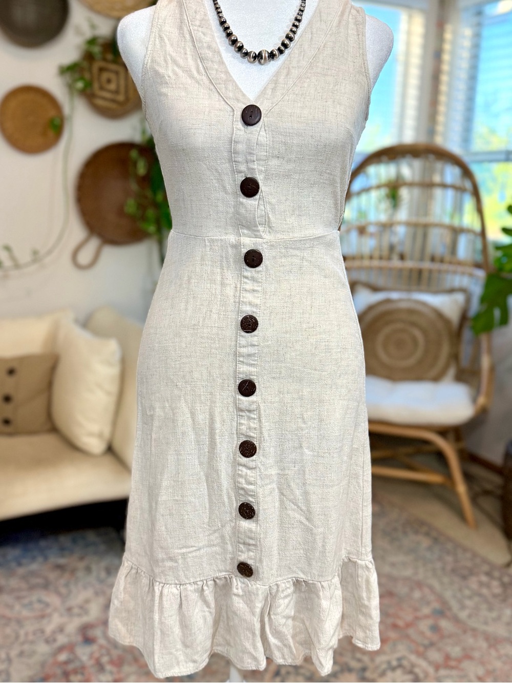 Sundress Beige Linen-blend Button Dress S Spring Summer Vacation Boho Monteau